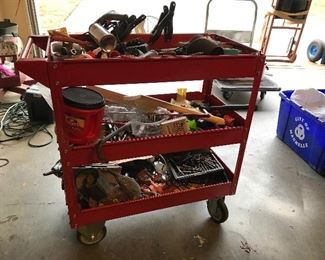 utility cart with lots of shop stuff