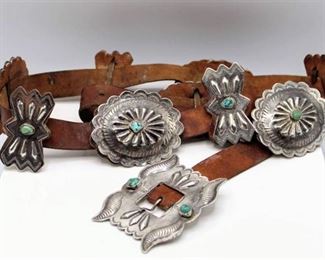 Leather, Silver & Turquoise Concho Belt with 5 Conchos 5 Butterfly Conchos & Buckle