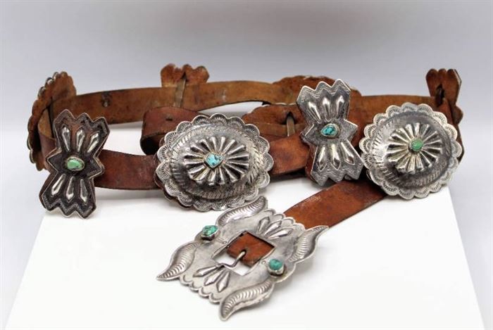 Leather, Silver & Turquoise Concho Belt with 5 Conchos 5 Butterfly Conchos & Buckle
