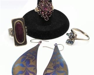 D. Brunetta Signed Gold, Blue & Purple Earrings and 3 Rings (1 ring is .950 Sterling Silver with Blue Stones)