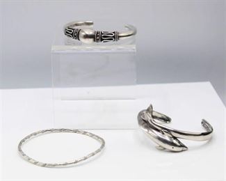 3 Silver Bracelets - Dolphin Cuff, Silver Cuff and Silver Bangle
