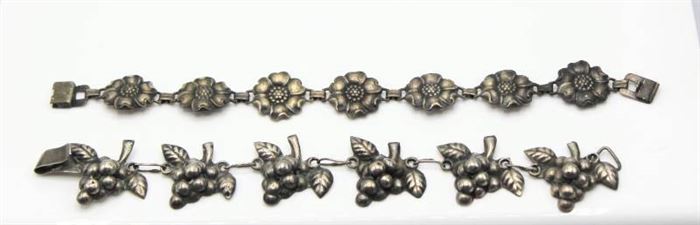 Sterling Flower Link Bracelet and Domed Grape Design Mexican Silver Bracelet