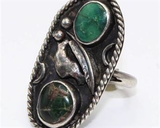 Unique Silver and Green Turquoise Ring with Feather and Bear? Design