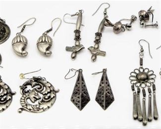 7 Pairs of Silver Earrings - Dragons, Flowers, Birds, Chinese Coins and more