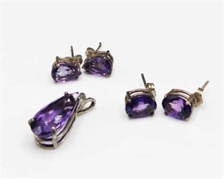 Sterling Silver Pendant and 2 Pair of Earrings with Purple Stones