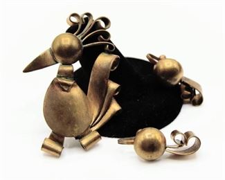 Vintage Brass Bird Brooch and Screw On Earrings
