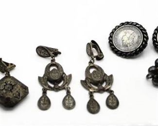 4 Pair of Earrings - Queen Elizabeth the Second Coin, Siam Sterling, Spain
