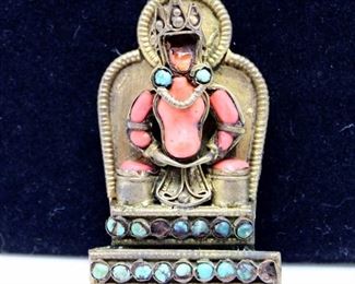 Brass, Turquoise & Coral Figure Sitting on a Throne - Signed/Marked