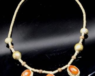 Antique/Vintage Necklace with Metal Beads and 3 Red Stones