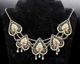 Gold Filigree with Turquoise and Coral Festoon Necklace