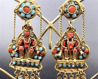 Gold or Brass Ornate Clip On Earrings with Turquoise and Coral Stones
