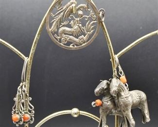 Sterling Silver Dragon and Peacock Medallion Pendant, Silver Chinese Horse Earrings and additional pair of Earrings