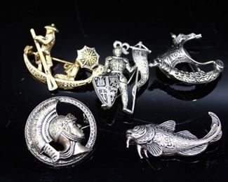 5 Brooches Pins - Marked Spain; Fish, Knight, Ship, Warrior Head and Gondola