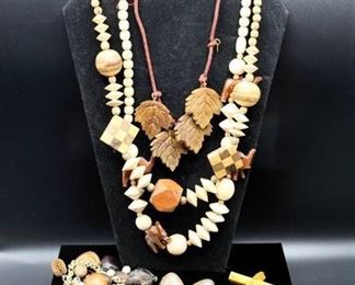 Wood Jewelry Lot - 3 necklaces, 1 bracelet, 5 pair of earrings and wood cross