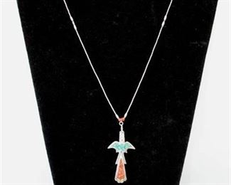 Signed Silver with Crushed Turquoise and Coral Inlay Peyote Bird Pendant, Earrings and Ring