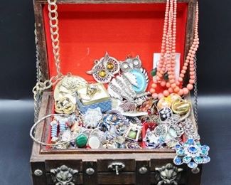 Large Lot of Costume Jewelry in Treasure Chest Jewelry Box