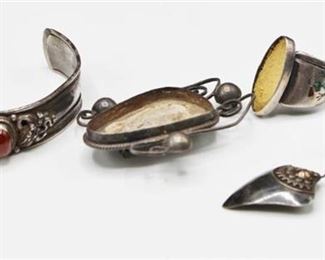 Broken Sterling Silver and Silver Jewelry Lot - Cuff Bracelet with stones, Turquoise Inlay Ring, Brooch, Earrings...