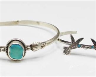 Silver and Turquoise Signed EC Bangle Bracelet and Hummingbirds Cuff Bracelet