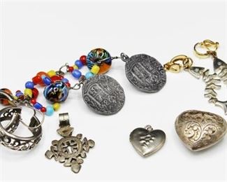 Lot of Jewelry - Coptic Cross Pendant, Earrings with Glass Beads, Hoop Earrings, Locket, Heart Pendant and Dangle Fish Earrings