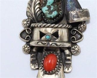 Sterling Silver Turquoise and Coral Kachina Doll Brooch Pin