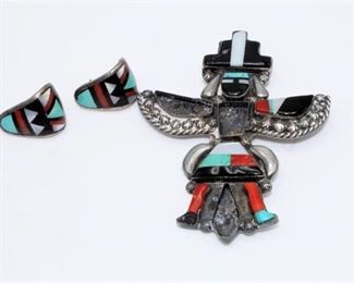 Silver with Multi-Color Stone Inlay Knifewing Brooch Pin and Earrings