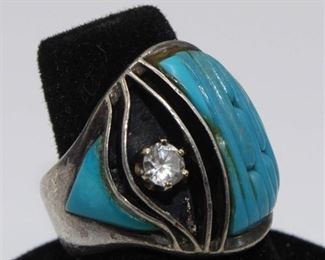 Signed Silver Turquoise and Diamond Men's Ring