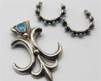 Silver and Turquoise Brooch Pin and Earrings