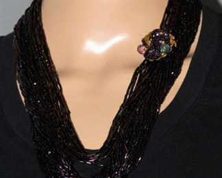 2 Separate Strands of Iridescent Deep Purple Necklaces and Coordinating Jeweled Bracelet and Clip jewelry