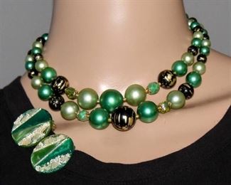 Vintage Double Strand Green Beaded Necklace and Coordinating Clip Earrings Jewelry