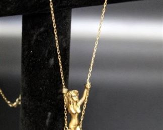 Vintage Art Nouveau Swinging Lady Gold Metal Necklace