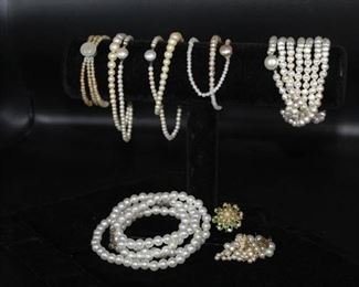 Vintage Pearl Lot including 5 Necklace Strands, 1 Bracelet, 1 Pair of Dangle Earrings, and 1 Brooch with Jewels and Pearls