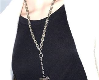 Long Silver Chain Necklace with Amulet and Earrings