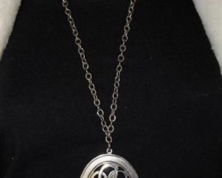 Vintage Silver Jewelry Necklace with 3” Medallion with Green Stone and Pair of 3” Silver Clip Earrings