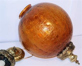 Mid-century Modern Amber Crackle Glass Globe Hanging Swag Light Fixture