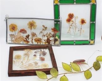 Stained Glass and Dried Flowers Wall Hangings Lot x4