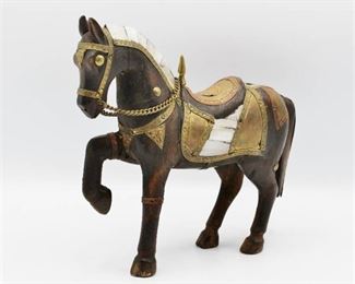 Solid Wood and Brass Horse Figurine with Shell Inlay 6.5” Tall