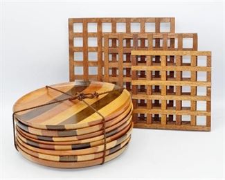 8 wood plates and 3 Wood Trivets