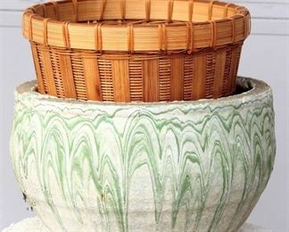 Green & White Cement Planter Pot and Wicker Plant Basket