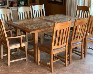 Mission Oak Travertine Dining Table w/8 chairs Table: 31x42x72in chairs: 41x20x20 seat height:19 HxWxD