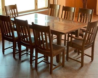 Mission Oak Travertine Dining Table w/8 chairs Table: 31x42x72in chairs: 41x20x20 seat height:19 HxWxD