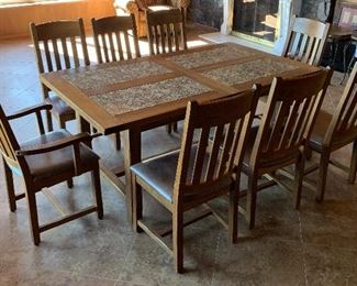 Mission Oak Travertine Dining Table w/8 chairs Table: 31x42x72in chairs: 41x20x20 seat height:19 HxWxD