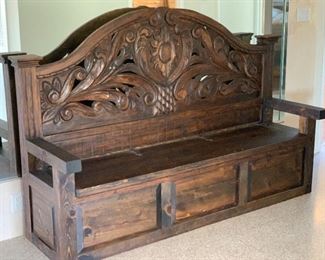 Huge Rustic Hand Carved Entryway Bench w/ Storage 60x90x27in HxWxD