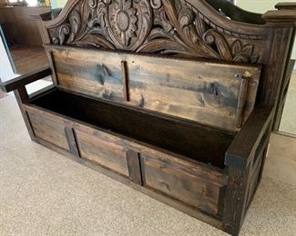 Huge Rustic Hand Carved Entryway Bench w/ Storage 60x90x27in HxWxD