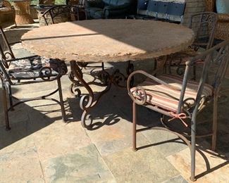 Heavy Scroll Iron & Stone Top Patio Table w/ 4 Chairs Table: 30in H x 60in Diameter Chair: 35x21x20 seat height: 19in HxWxD