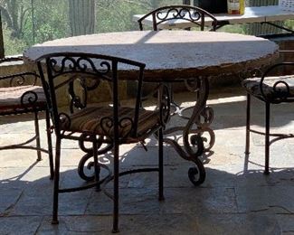 Heavy Scroll Iron & Stone Top Patio Table w/ 4 Chairs Table: 30in H x 60in Diameter Chair: 35x21x20 seat height: 19in HxWxD