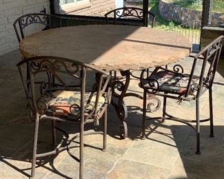 Heavy Scroll Iron & Stone Top Patio Table w/ 4 Chairs Table: 30in H x 60in Diameter Chair: 35x21x20 seat height: 19in HxWxD