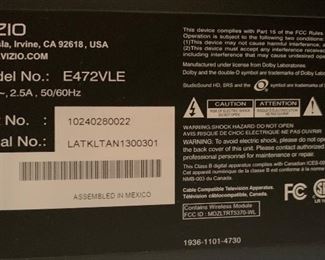 Vizio 47in HD TV E472VLE No Mount