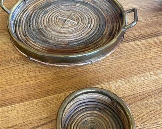 Bamboo and brass trays pair