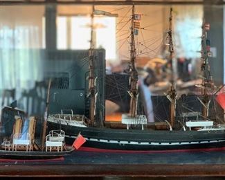 2 sail boats in glass show case 1800's