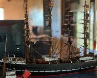 2 sail boats in glass show case 1800's